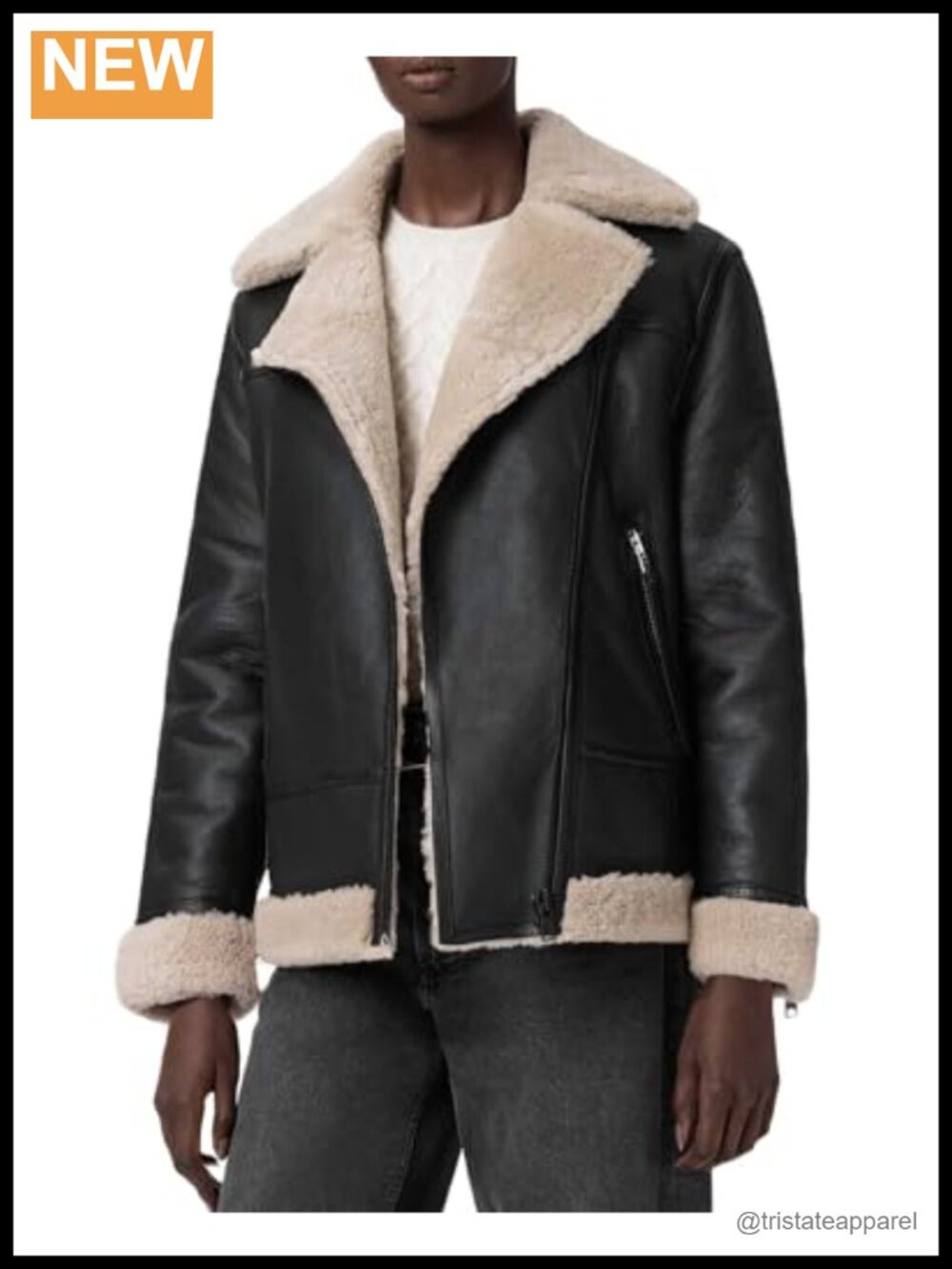 Shearling Leather Aviator Jacket Long Sleeve Zip Closure